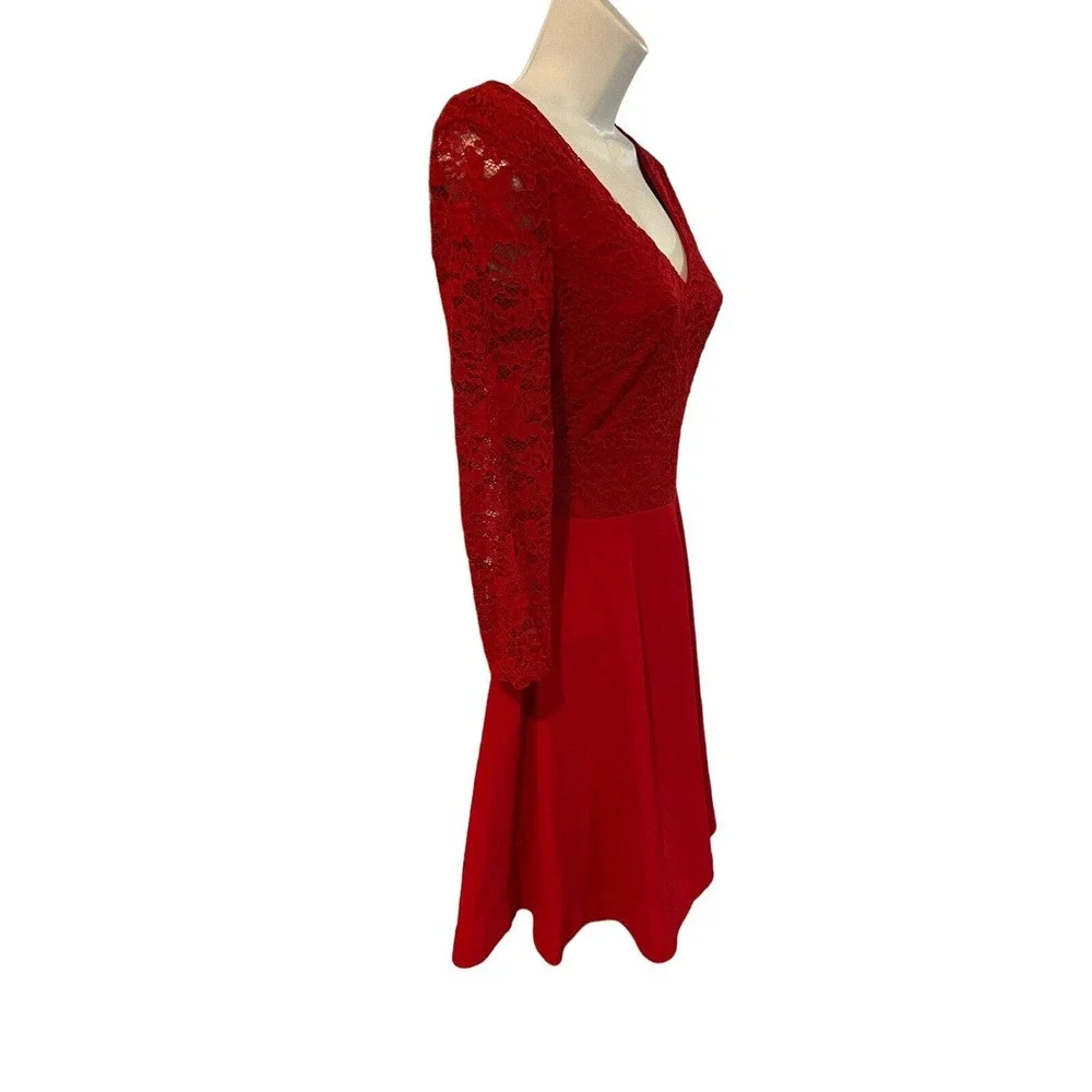 B. Darlin Lace Crepe Ruby Red Bow Back Skater Cocktail Party Bow Back Mini Dress - Picture 6 of 15
